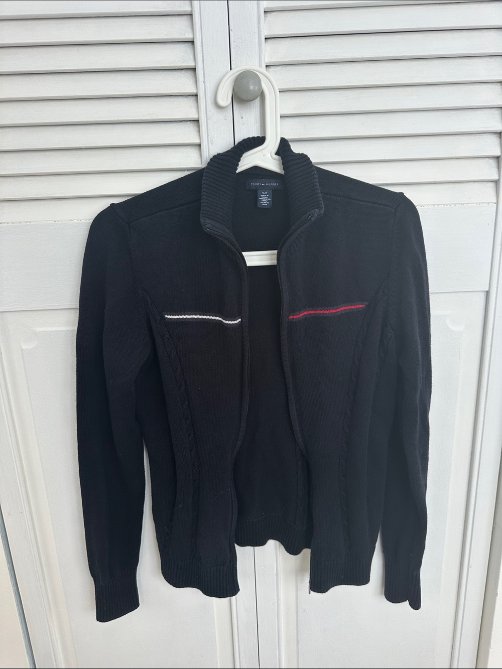 Tommy Hilfiger Black Zip Cardigan with Red & White Chest Accents